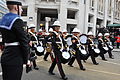 The Band of HM Royal Marines Portsmouth (Royal Band) leading the funeral procession of Margaret Thatcher with black-covered drums in 2013.