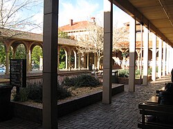 This is a photograph of the Cloisters constructed as part of the Adelaide University Union redevelopment that connect the Union buildings with the surrounding buildings.
