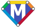Diamond shape, bordered by green, yellow, orange, red, and blue segments, with white "M" text in the middle on dark blue background