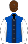 Royal blue, dark blue stripe, white sleeves, brown cap
