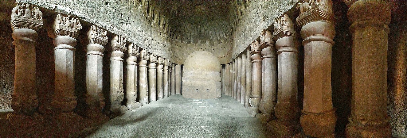 Great Chaitya hall panorama. A slightly late imitation of the Great Chaitya at Karla Caves.[13]