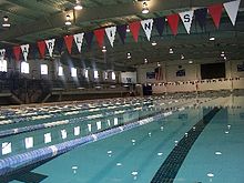 The Olympic-size swimming pool inside Keating Natatorium