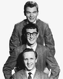 The Crickets in 1958 (top to bottom): Jerry Allison, Buddy Holly, and Joe B. Mauldin