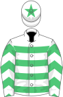 White and emerald green hoops, emerald green chevrons on sleeves, emerald green star on cap