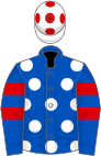 Royal blue, white spots on body, two red hoops, white cap, red spots