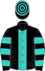 Black, turquoise stripe, hooped sleeves and cap