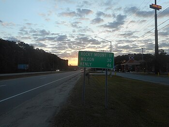 Southbound NC 4 near Rocky Mount, where the destination sign still shows Wilson and Kenly.