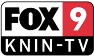 A white rounded rectangle divided into three parts. The top left, the largest, contains the Fox network logo in black. The top right contains a white 9 on red. The bottom, running across, has the white letters K N I N - T V.