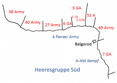 The actual Red Army dispositions on the Belgorod front, showing concentrated forces ahead of the 4th Panzer Army, 2 August 1943