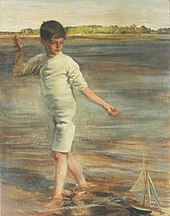 Painting of young white boy in bathing costume, paddling in the sea