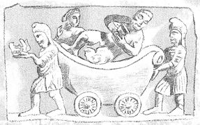 Drawing of two people pushing two other people in a wagon