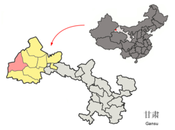 Dunhuang City (red) in Jiuquan City (yellow) and Gansu