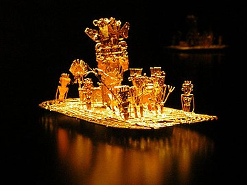The zipa used to cover his body in gold and. from his Muisca raft. he offered treasures to the Guatavita goddess in the middle of the sacred lake. This old Muisca tradition became the origin of the El Dorado legend.