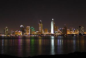 Downtown San Diego Skyline at night, viewed from Coronado towards Downtown.
