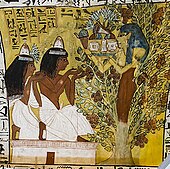 Painting of two people kneeling before a tree goddess holding food and drink