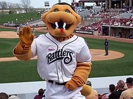 A person wearing a golden yellow anthropomorphized snake costume dressed in a white baseball jersey and pants waving during a baseball game