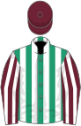 Emerald green and white stripes, claret and white striped sleeves, claret cap