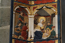 One of the paintings on the shutter. A scene showing the birth of Jesus
