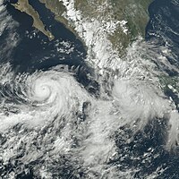 A satellite photo of Hurricane Adrian and Tropical Storm Beatriz off the Pacific coast of Mexico on June 29, 2023.
