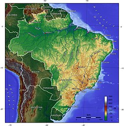 Topographic map of Brazil. The Brazilian Highlands/Plateau is the large yellowish and brown area in the east, south and center of the country.