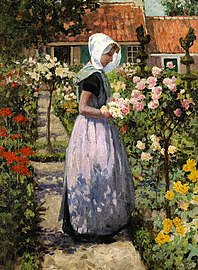 Dutch woman in a garden, c.1890