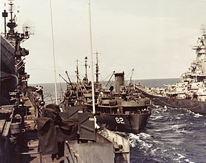 USS Cahaba (AO-82) fueling USS Iowa (BB-61) and USS Shangri-La (CV-38) in 1945