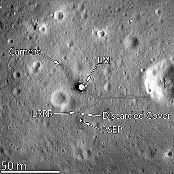 Lunar Reconnaissance Orbiter photo taken March 7, 2012. The Lunar Module descent stage, Laser Ranging RetroReflector, and Early Apollo Scientific Experiments Package can be clearly seen. The craters Little West (at right) and Double (left of LM) are also shown.