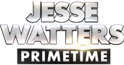 Gray text "Jesse Watters" in uppercase with closed apertures and bolded atop a black box with white text containing "Primetime" in uppercase, illuminating sun above the I of "primetime"