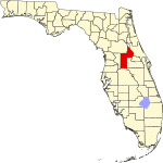 A state map highlighting Lake County in the middle part of the state. It is large in size and narrow in shape.