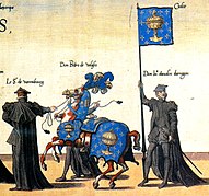 Banners with the arms of Galicia in the funeral at the death of Charles V. Jérôme Cock, Funerals of Charles V, Antwerp, Cristóbal Plantino, 1559.