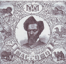 Black and white illustration of portrait Maccomo surrounded by illustrations of wild animals