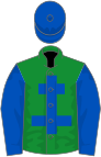 Green, royal blue cross of lorraine, royal blue sleeves and cap