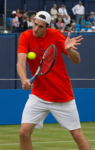 John Isner during practice at the Queens Club Aegon Championships in London, England.