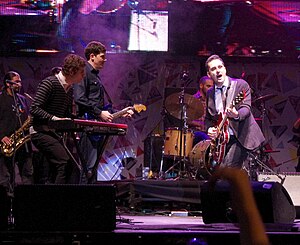 The Uruguayan musician Jorge Drexler with Luciano Supervielle (left on keyboards) and John Campodónico (center guitar), giving a concert on the stage of the gaucho (intersection of Calle 18 de Julio and Constituyente, Montevideo), during the Bicentennial celebrations in Uruguay on 10 October 2011.
