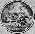 Emblem Eagle flying under lightning and cannon fire with the motto in Latin: Neutra timet, lit. 'He is not afraid of either' from the book Symbola et Emblemata, 1705: 17