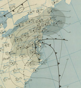 Map depicting isobars and fronts associated with a low-pressure area