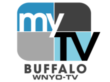 A rounded rectangle divided into blue and gray parts with the word "my" in white and a black "TV" in the lower right. Underneath on two lines are the words "Buffalo" and "W N Y O - T V".