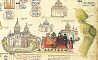Ararat depicted vertically (right) on a 1691 map by Eremya Çelebi along with Etchmiadzin Cathedral and other churches of Vagharshapat.[187]