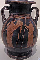 Greek vase of Plouton with a cornucopia and Demeter with a sceptre and plough, by the Orestes Painter, 440-430 BC, ceramic, National Archaeological Museum, Athens, Greece