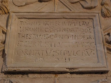 The inscription on the tomb of Thomas James - " IOANIS - IAMEZ - IURIU - LAUTI - LEHONII - COMENDAT - DOL - THESAU - ET - CANO - IMPESA - ET - CURA - STRUCTUM - AC - ORNATU - SEPULCRU - M - VCC - VII"