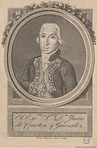 Sepia print shows a clean-shaven man in a late 18th century wig. He wears a dark military uniform lined with lace.