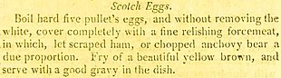 Recipe for scotch eggs, using five pullet eggs covered in forcemeat and fried until brown; served hot with gravy