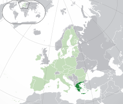 Location of Greece (dark green) – in Europe (green & dark grey) – in the European Union (green)  –  [Legend]