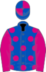 Royal blue, cerise spots and sleeves, quartered cap