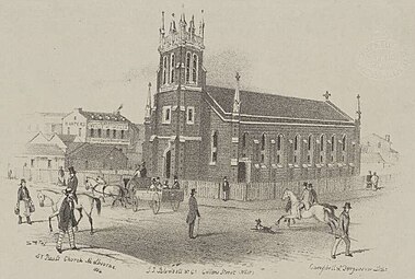 Lithographic print of the first St Paul's Church Melbourne 1854 by S.T. Gill