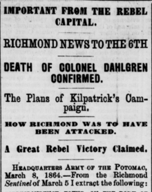 newspaper article headline saying Death of Colonel Dahlgren Confirmed