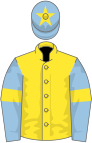 Yellow, light blue sleeves, yellow armlets and star on light blue cap