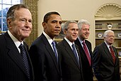 Presidents George H. W. Bush, Barack Obama, George W. Bush, Bill Clinton, and Jimmy Carter