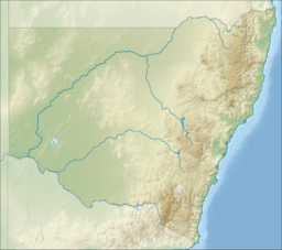 A map of New South Wales, Australia, with a mark indicating the location of Lake Bathurst