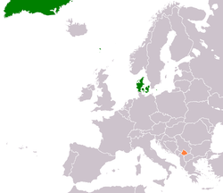 Map indicating locations of Denmark and Kosovo
